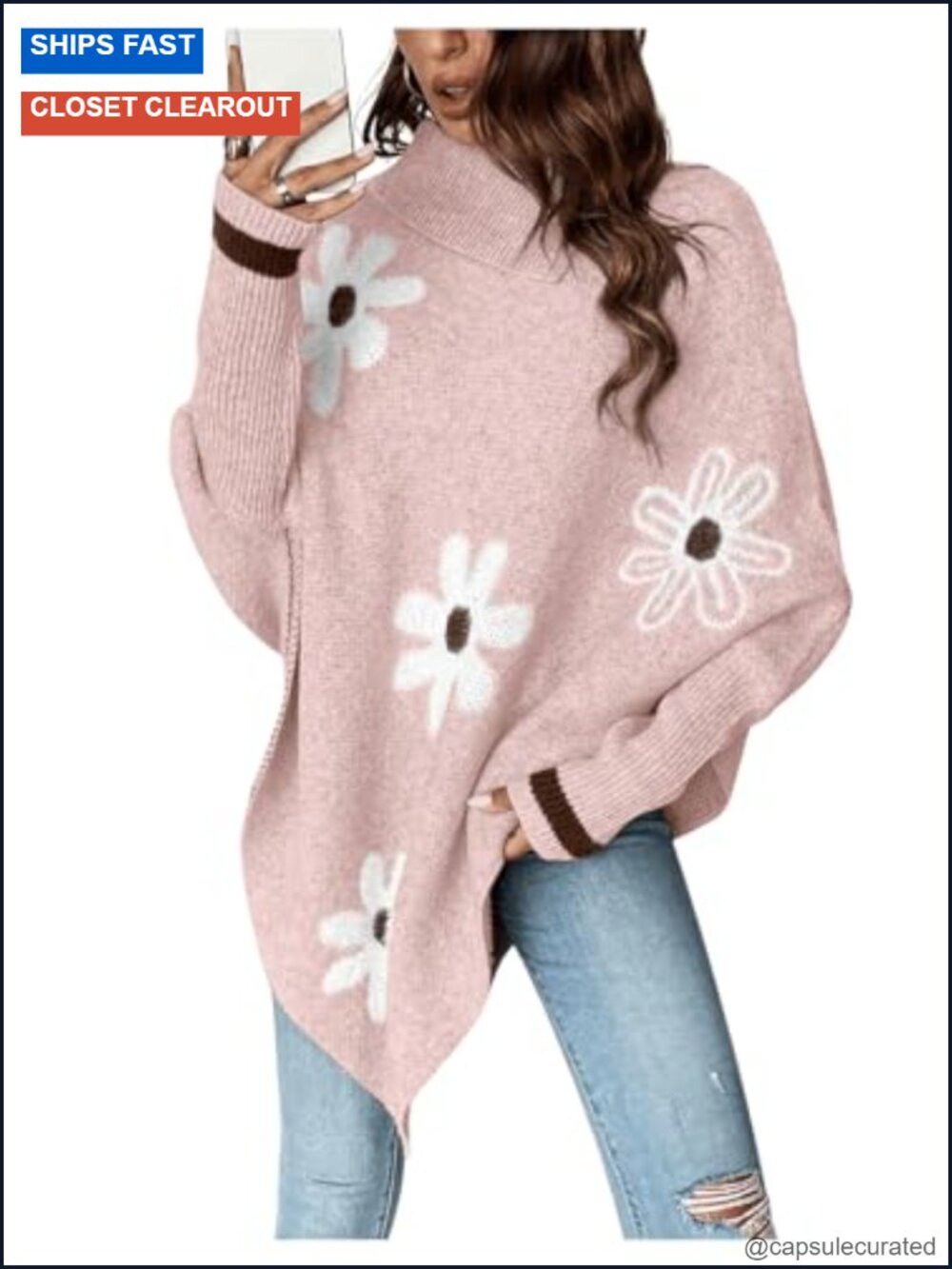 Floral Poncho Sweater Long Sleeve Turtleneck Chunky Oversized Pullover
